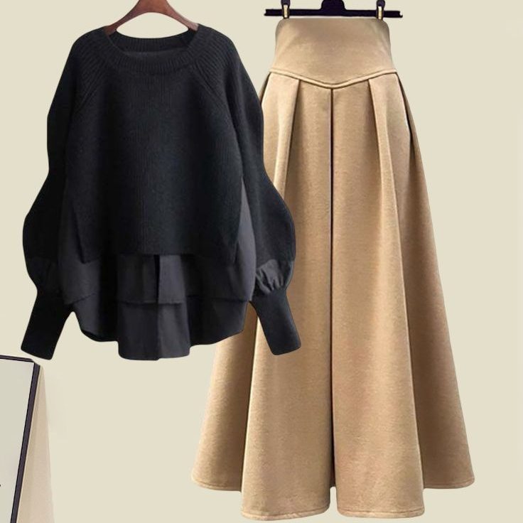 ブラックセーター＋カーキスカート/セット